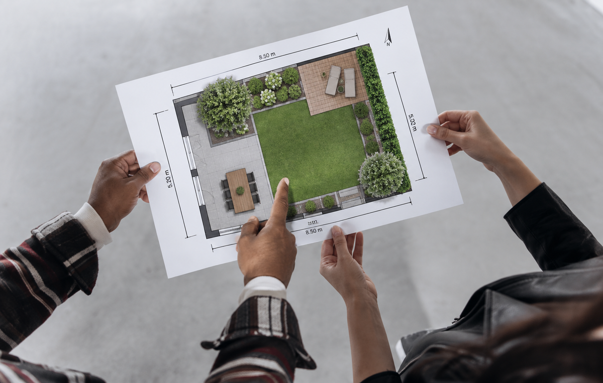 Handen houden een tuinontwerp met kunstgras, terras en beplanting op papier vast