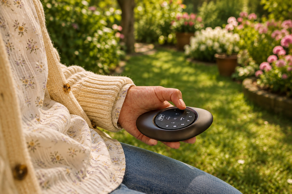 Hand bedient een PowerView afstandsbediening van Luxaflex in een bloeiende tuin