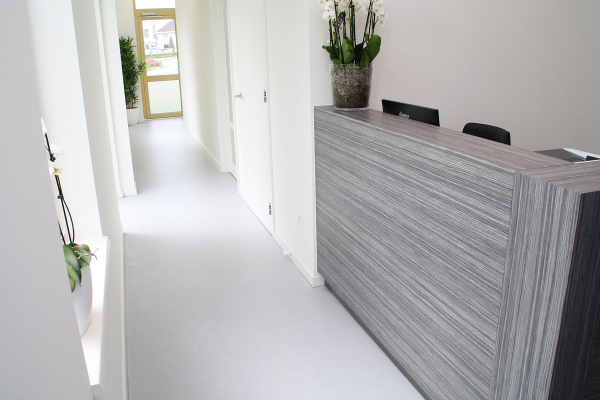 Entree van een wellnesscentrum met lichte gietvloer, balie en orchideeën